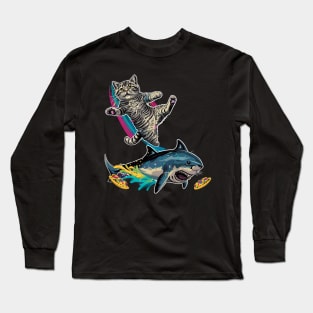 Cat Riding Shark Underwater Adventure Long Sleeve T-Shirt